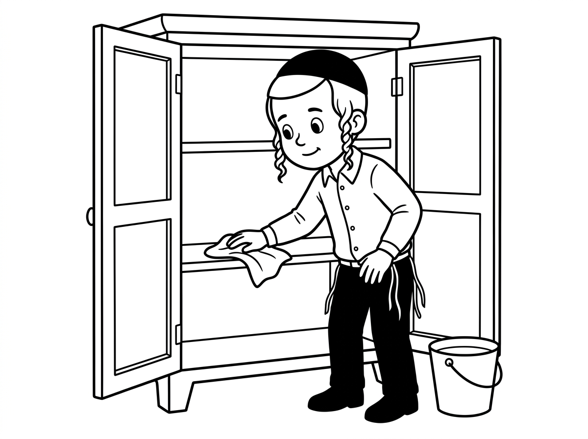 עכשיו של ילד חרדי עם כיפה ופיאות מנקה ארון עם סמרטוט לכבוד פסח