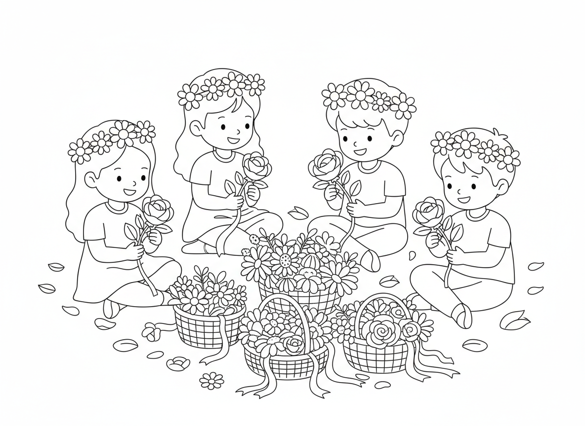 סדנת כתרי פרחים - ילדים יושבים במעגל ומכינים כתרי פרחים, סלים של פרחים שונים, חינניות ורדים ופרחי בר, סרטים ועלים, כתרים מוכנים על ראשים, עלי כותרת מפוזרים על הדשא