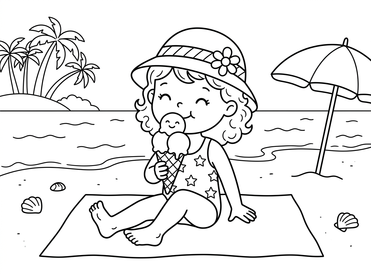 אני רוצה בבקשה דף צביעה של ילדה אוכלת גלידה על חוף הים