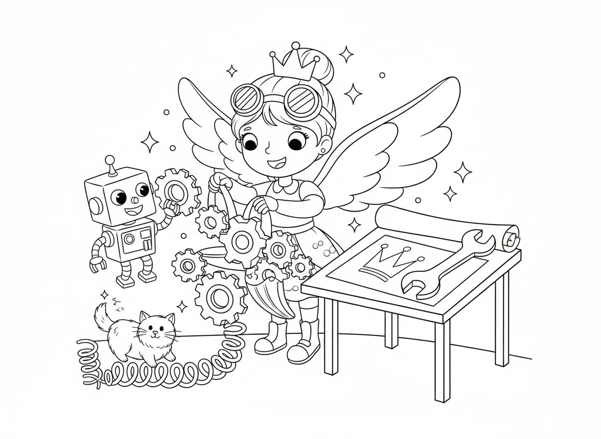 נסיכה ממציאה בסדנה שלה - נסיכה חכמה בסדנת ההמצאות שלה, חובשת משקפי מגן וכתר, בונה מכונת תעופה מגלגלי שיניים ונצנצים, רובוט עוזר, תוכניות עם עיצובי כתר, חתול מסובך בקפיצים