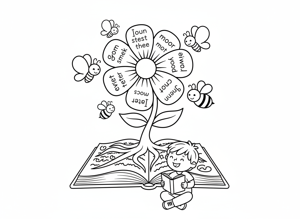 פרח קסום צומח מתוך ספר - פרח קסום ענק צומח מתוך ספר סיפורים פתוח, שורשים מתפשטים בין הדפים, עלי כותרת עשויים נייר עם טקסט, פרפרים ודבורים יוצאים מהמילים, ילד קורא למטה