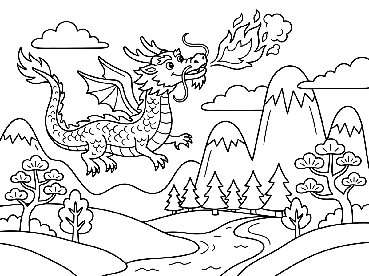 דרקון מעופף יורק אש ליד הרים של סין ועצים