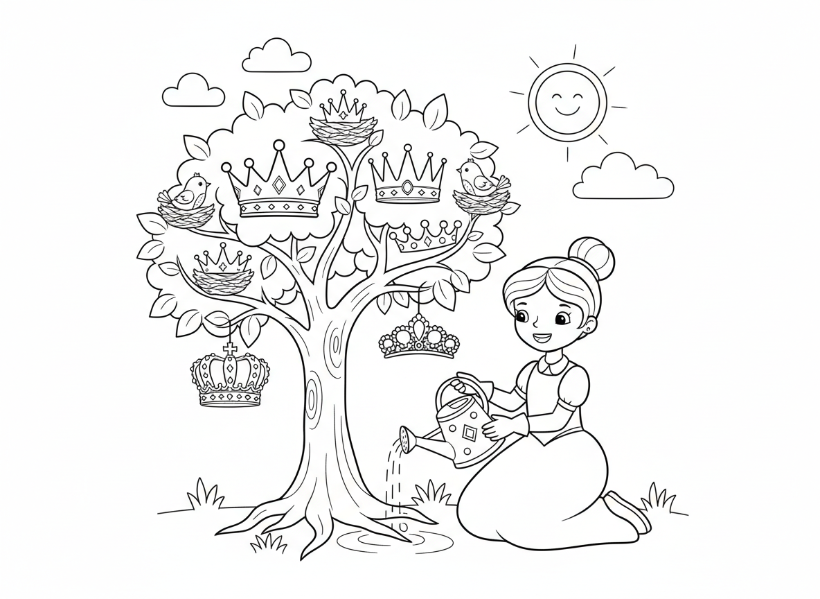 נסיכה גננת מגדלת עץ כתרים - נסיכה שותלת ומשקה עץ קסום שמגדל כתרים ונזרים במקום פירות, סגנונות כתר שונים על כל ענף, משפך עם אבני חן, ציפורים מקננות בענפי הכתרים