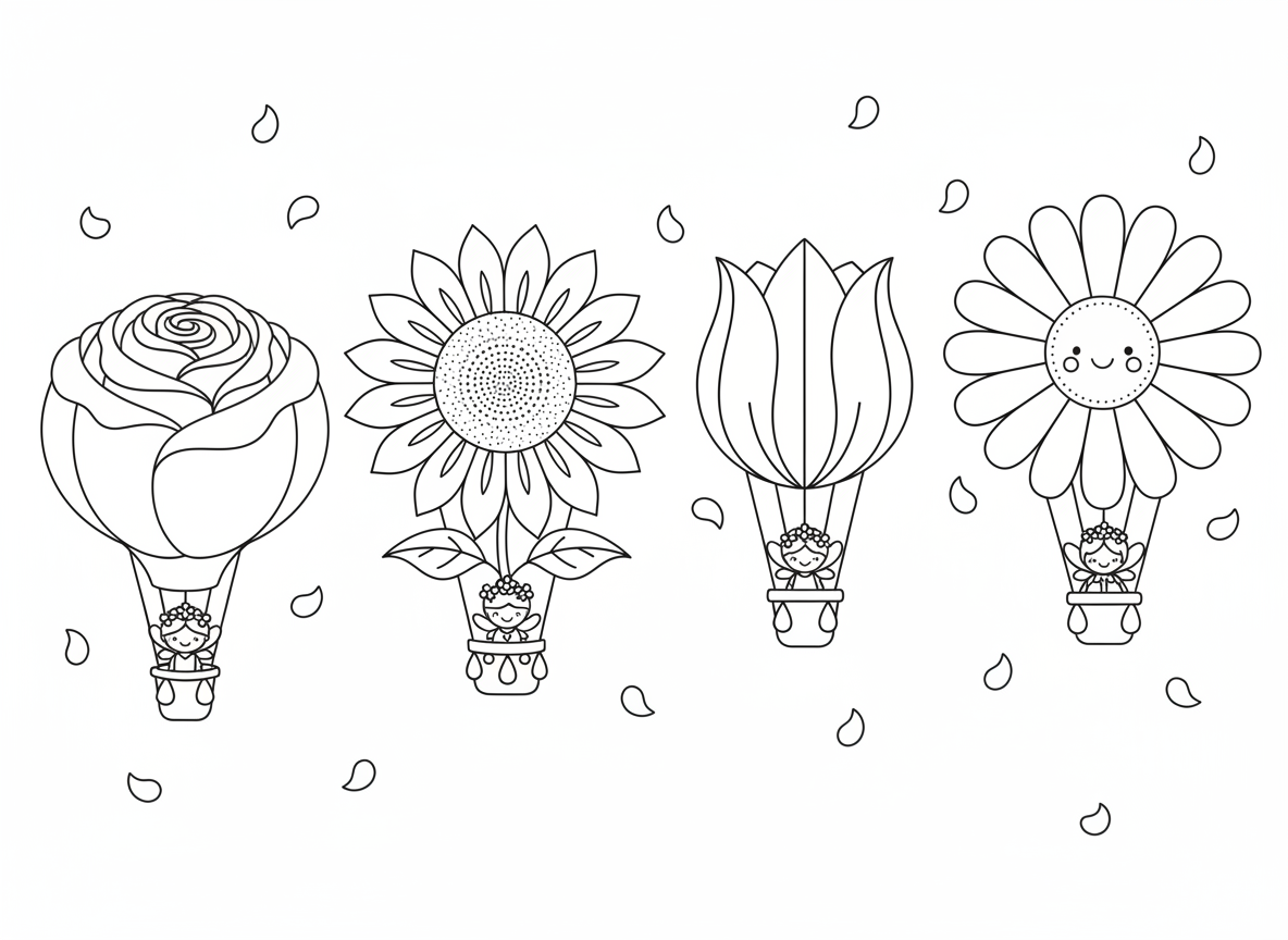 כדורים פורחים בצורת פרחים - כדורים פורחים בצורת פרחים שונים מרחפים בשמיים, כדור ורד, כדור חמנייה, כדור צבעוני, כדור חיננית, סלים זעירים עם נוסעות פיות פרחים, קונפטי עלי כותרת נופל