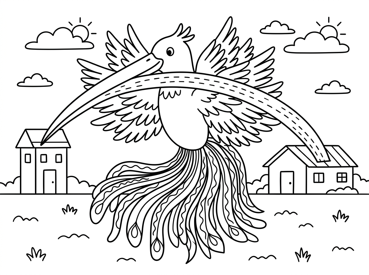 צייר לי ציפור עם ארבעים כנפיים ומאה זנבות ומקור שמגיע מבניין קטן עד לבית נמוך