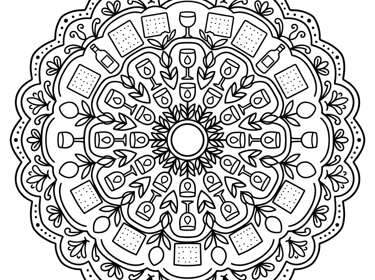 מנדלה של חג פסח עם מצות גביעים ובקבוקי יין