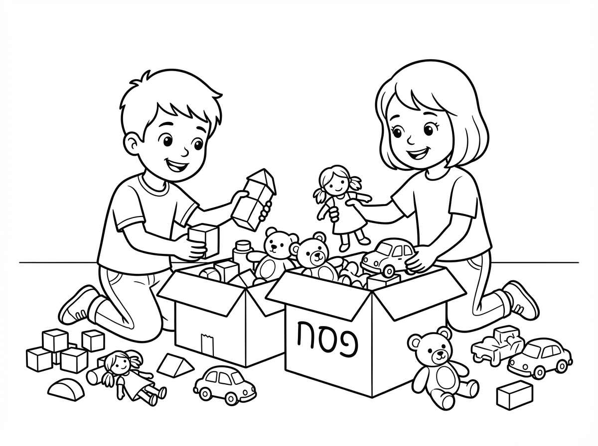 ילד עוזר לאחותו לסדר  למיין את המשחקים לפסח