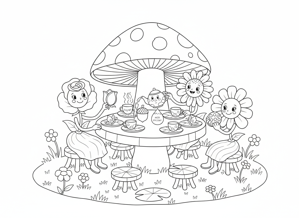 מסיבת תה של פרחים - פרחים עושים מסיבת תה על שולחן פטרייה, ורד מוזג תה מקומקום עלי כותרת, חיננית אוכלת עוגייה, כוסות צבעוני, צלחות עלים, קערת סוכר מבלוט, כד חלב מטיפת טל, מפיות פרפר