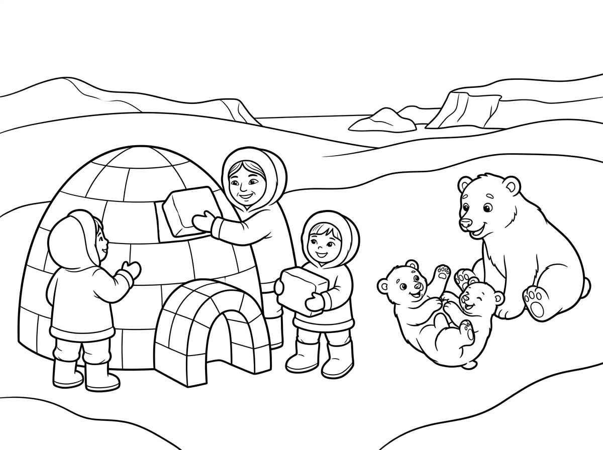 אסקימואים בונים איגלו ולידם דובי קוטב משחקים