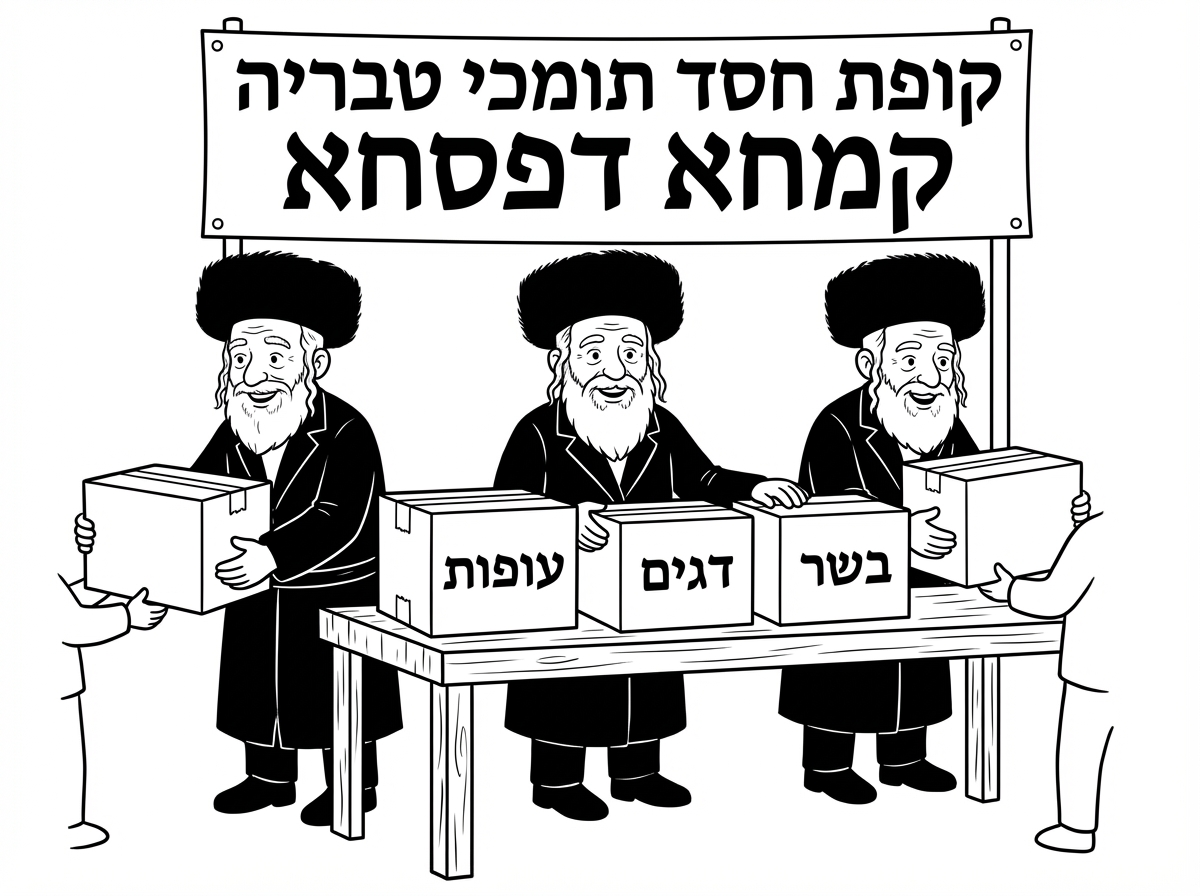 אני רוצה תמונה של חלוקת קמחא דפסחא של אנשים מבוגרים בלבוש חסידי 
מחלקים עופות ודגים ובשר 
חלוקה על ידי קופת חסד תומכי טבריה