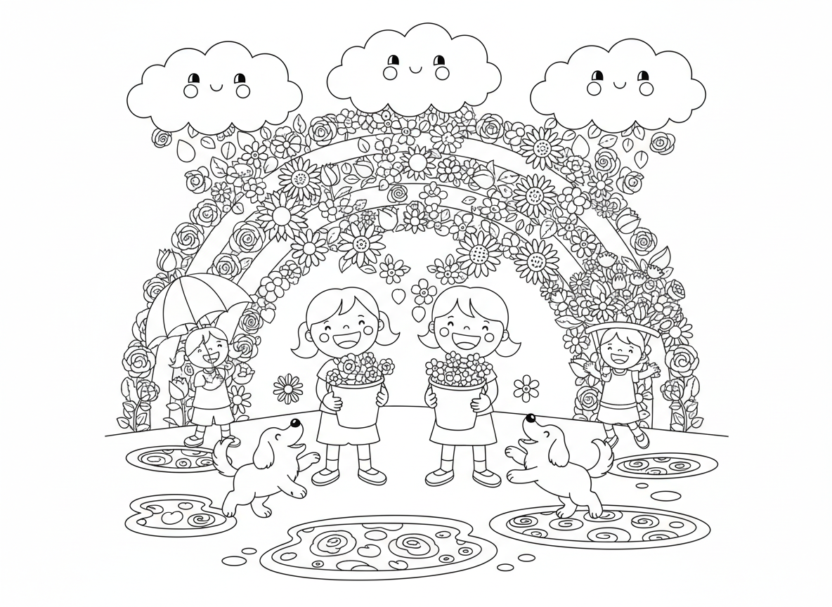 גשם פרחים מעננים - עננים מורידים גשם של פרחים במקום מים, ילדים תופסים פרחים בדליים, כלבים תופסים פרחים בפה, שלוליות של עלי כותרת, קשת של פרחים, מטריות תופסות זרים