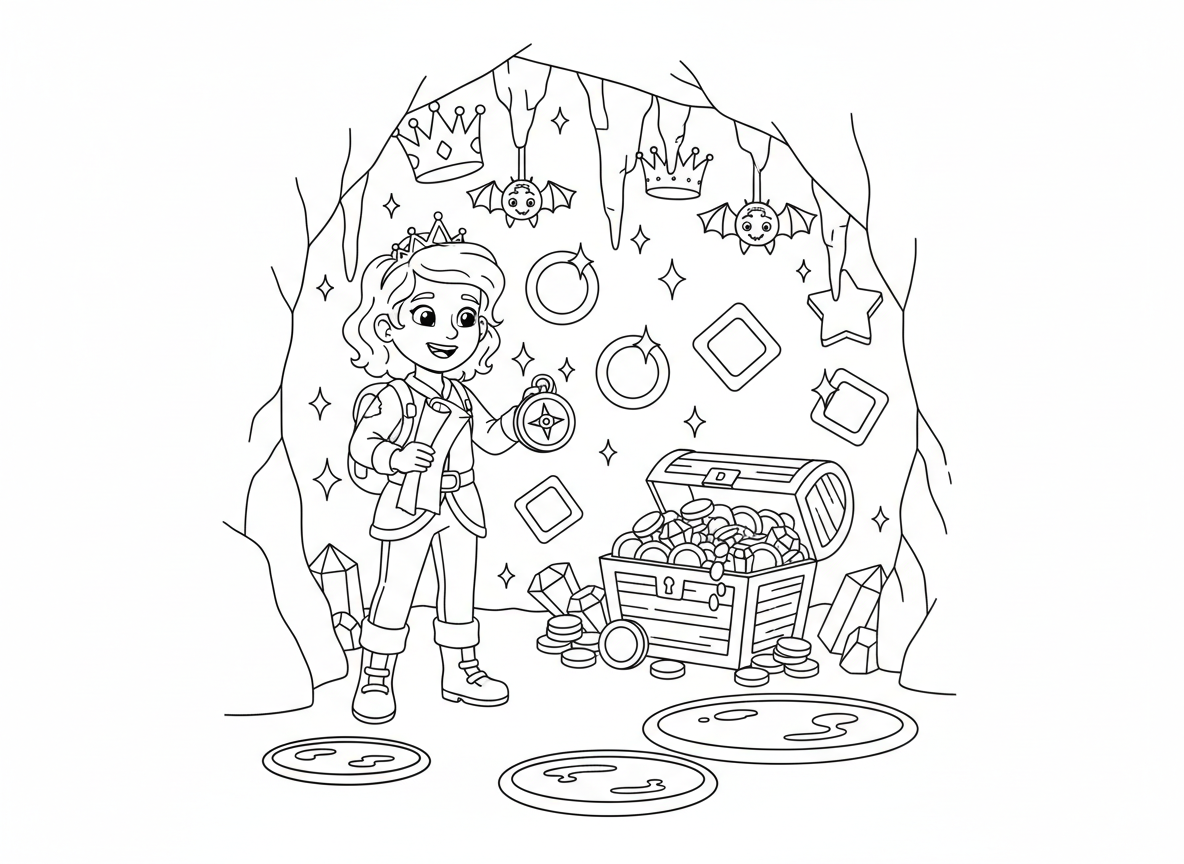 נסיכה חוקרת מגלה מערת אוצרות - נסיכה הרפתקנית עם מפה ומצפן מגלה מערה נוצצת מלאה אבני חן וזהב, נטיפי כתר, בריכות קריסטל, עטלפי מערה ידידותיים, תיבת אוצר גולשת