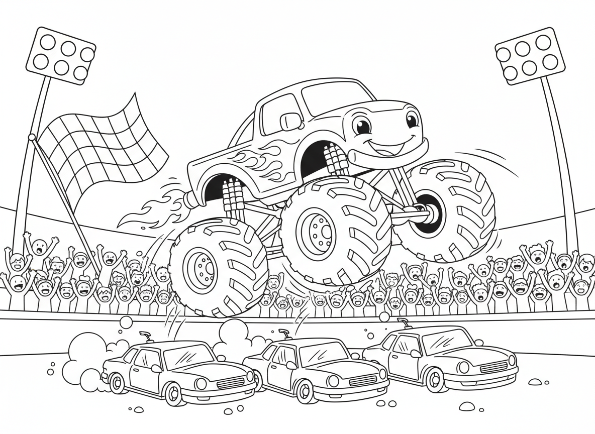 מונסטר טראק קופץ מעל מכוניות - מונסטר טראק ענק עם גלגלים עצומים קופץ מעל שורת מכוניות מעוכות, להבות מהמפלט, קהל נרגש מריע, עפר עף לכל מקום, אורות אצטדיון, דגל משבצות