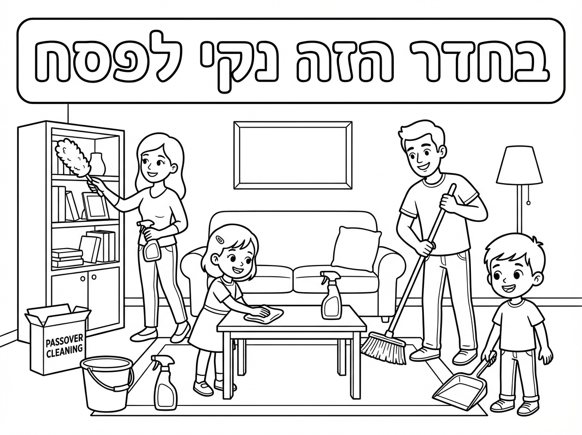 תעשה לי דף צביעה 
עם טקסט בחדר הזה נקי לפסח 
עם ילדים והורים שמנקים לפסח