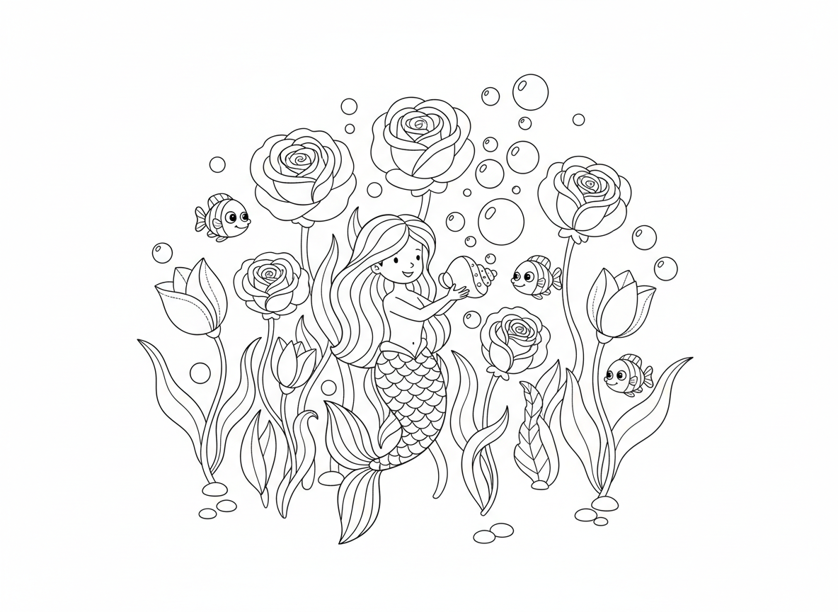 גן פרחים תת-ימי - גן קסום של פרחים שגדלים מתחת למים, שושנות ים כוורדים, אלמוגים כצבעונים, אצות כגבעולים, דגים שוחים בין פרחים, בת ים גננת משקה עם בועות, טיפות טל מפנינים