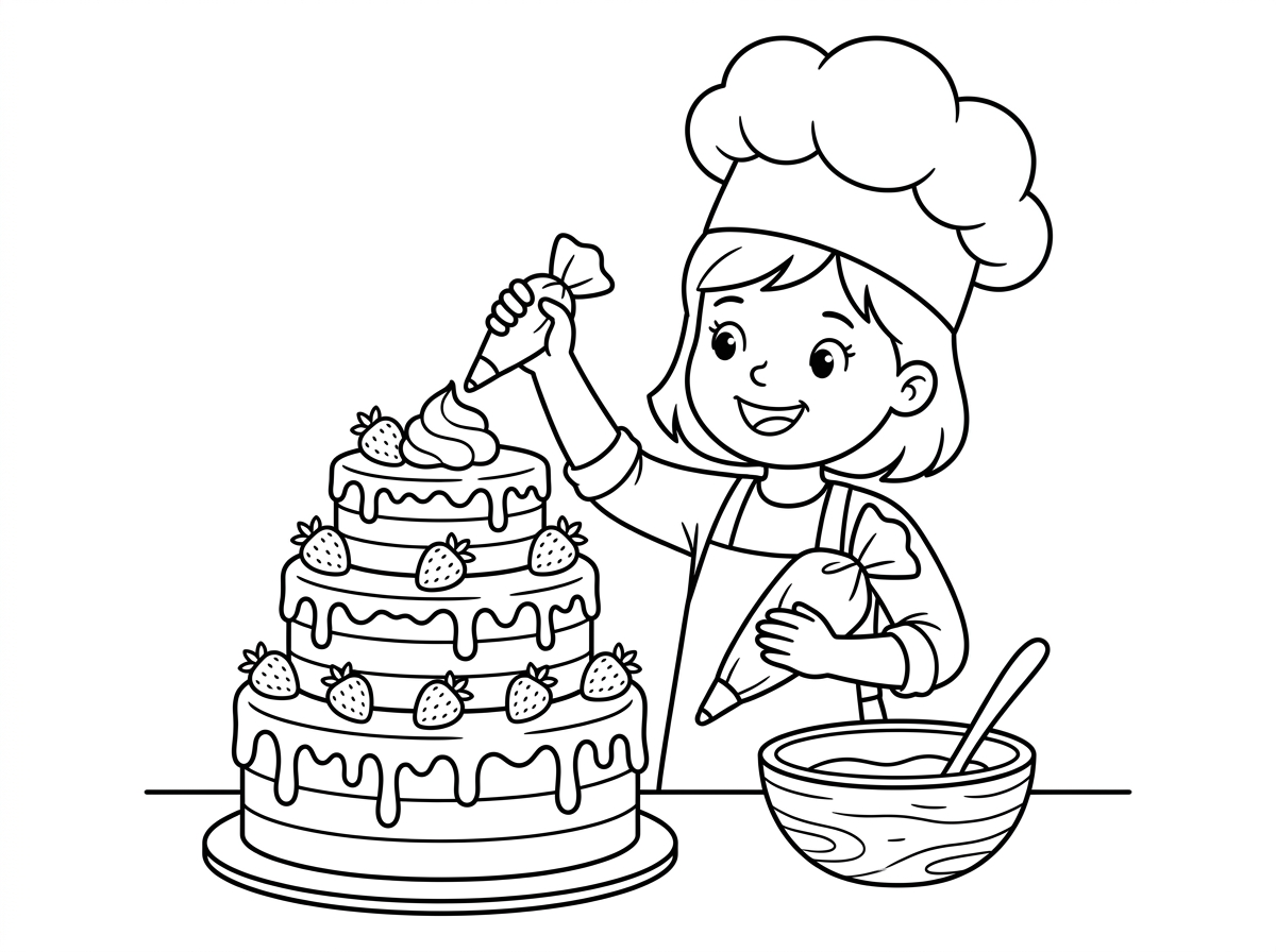 שף קטן עם כובע לבן גבוה מכין עוגת שוקולד ענקית עם תותים וקצפת”