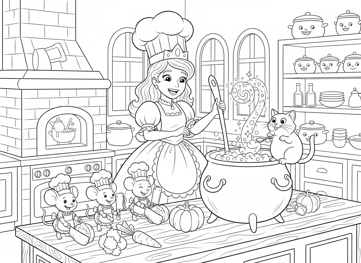 נסיכה שפית מבשלת לכל הממלכה - נסיכה שפית מערבבת סיר ענק במטבח המלכותי, חובשת כובע שף מעל הכתר, כף קסומה, מבשלת מרק נוצץ, עכברים עוזרים לחתוך ירקות, חתול טועם את האוכל