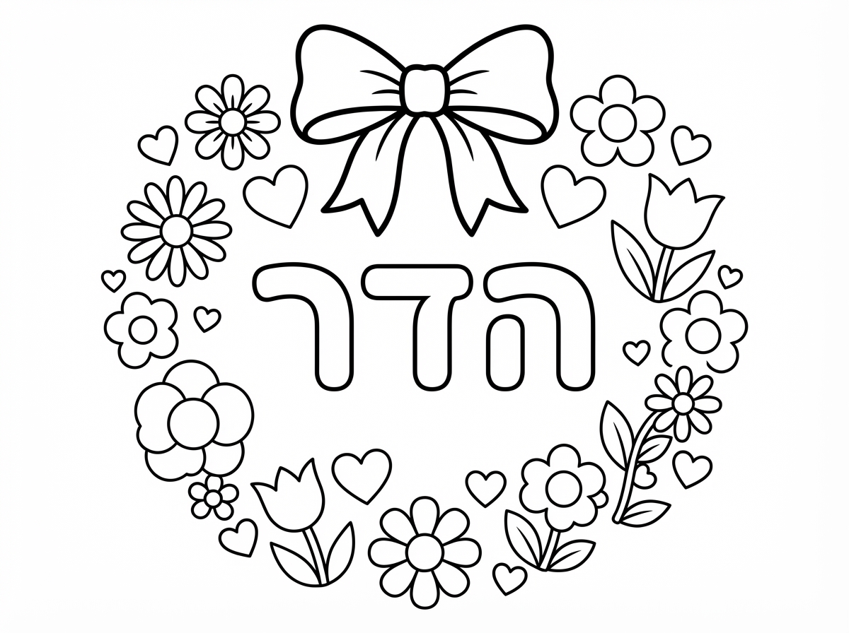 ודף צביעה עם השם הדר לבבות פרחים ופפיון