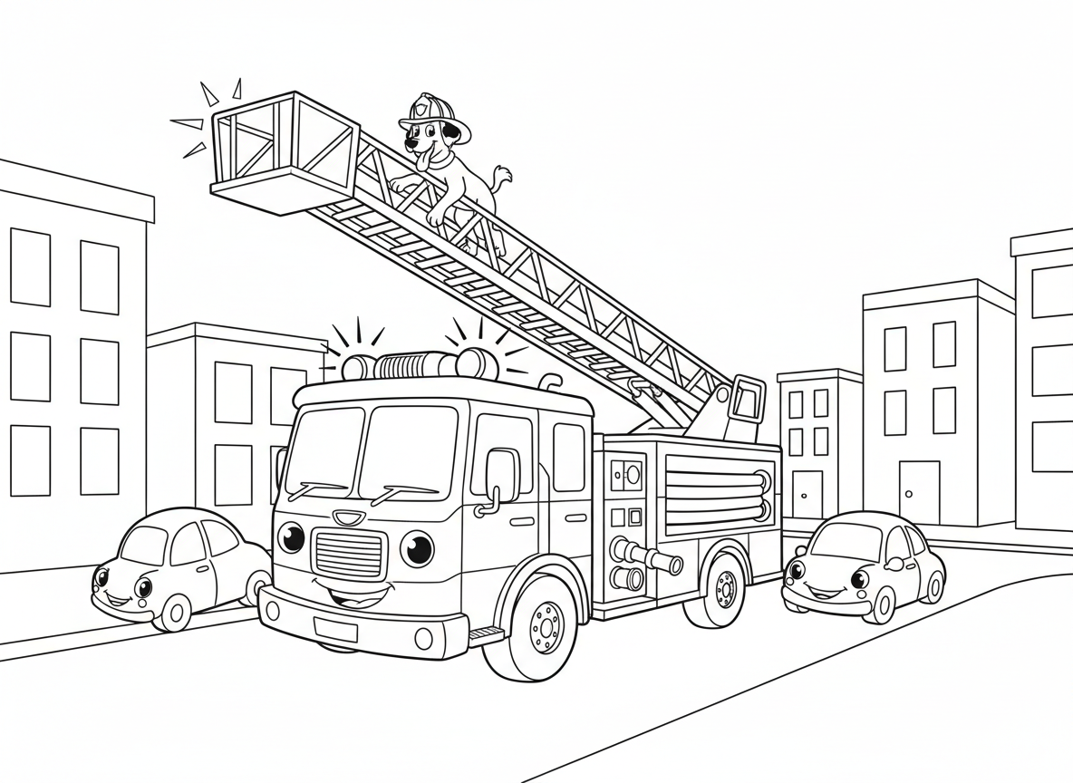 מכבית אש דוהרת להצלה - מכבית אש גדולה וידידותית עם פרצוף מחייך דוהרת ברחובות העיר, סולם מורם, כלב דלמטי כבאי נתלה, צינור מים מוכן, אורות סירנה מהבהבים, מכוניות אחרות זזות הצידה