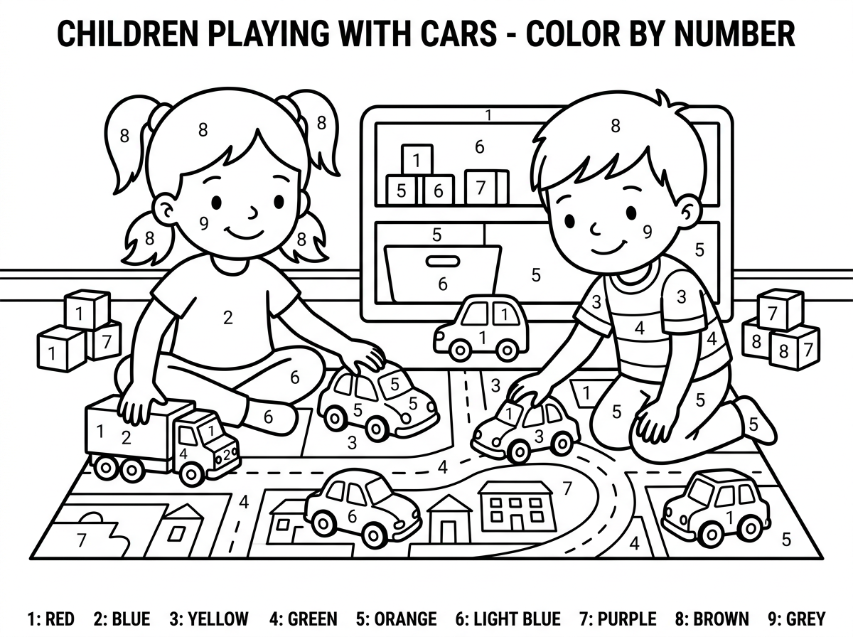 דף צביעה לפי מספר ילדים משחקים עם מכוניות