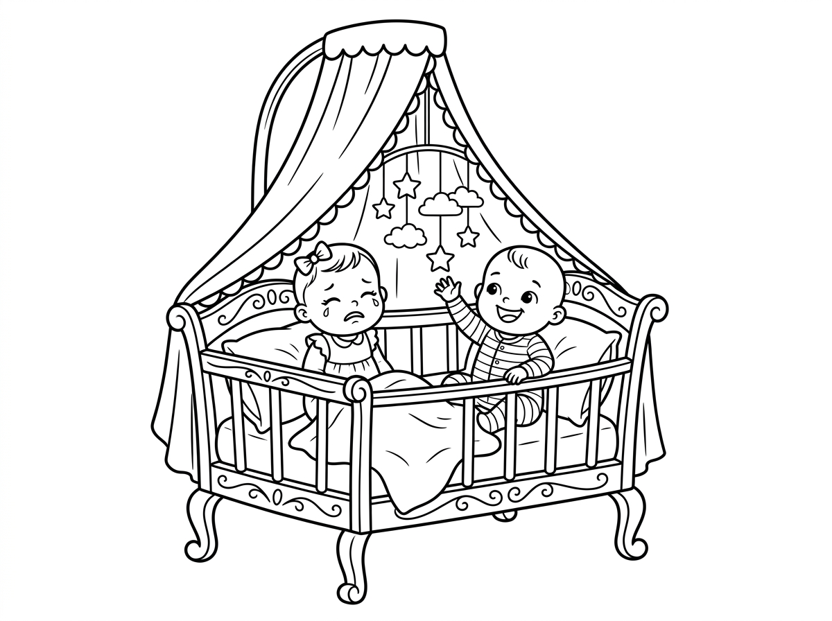 תאומים תינוקים בן ובת בעריסה יפה עם כילה בסגנון עתיק
הבת בוכה הבן מחייך