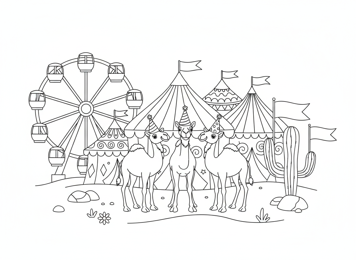 קרנבל במדבר
גמלים עם כובעי מסיבה, אוהלים צבעוניים, גלגל ענק, וקקטוסים שמחזיקים דגלים.