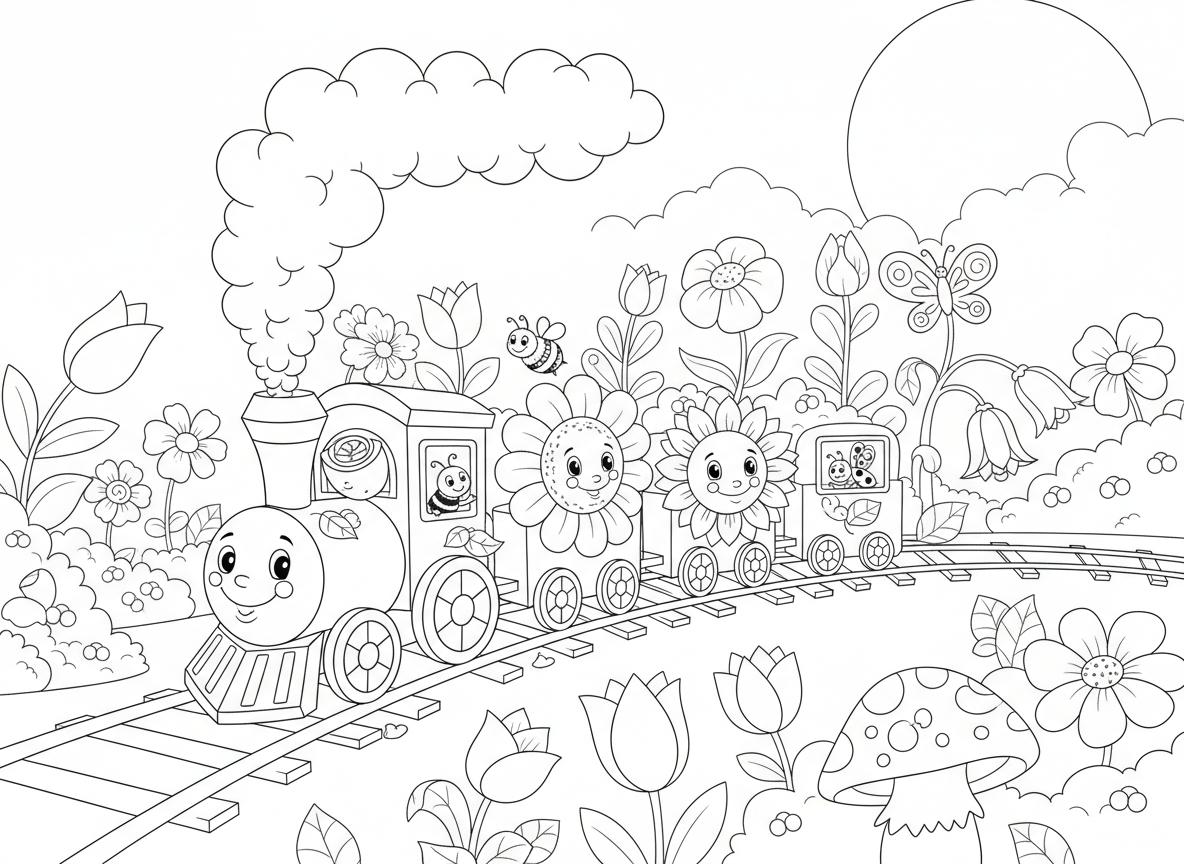 רכבת פרחים נוסעת דרך הגינה - רכבת חמודה עשויה פרחים נוסעת דרך גינה, הקטר הוא ורד אדום, קרונות הם פרחים שונים, עשן מפוחי שן הארי, פסים עשויים גפנים, נוסעי חרקים מנופפים מחלונות