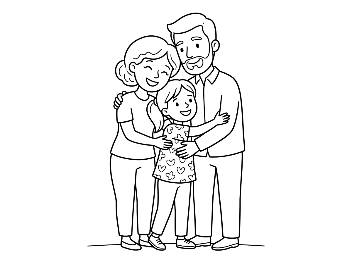 אמא ואבא מחבקים ילדה גדולה