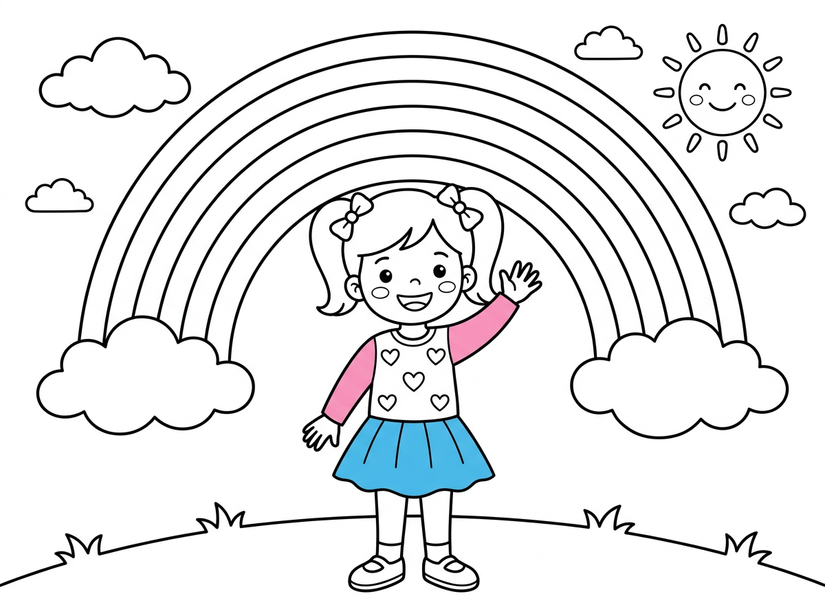 אני רוצה איור לצביעה של קשת בענן וילדה עם חולצת לבבות ושרוולים ורודים וחצאית כחולה.