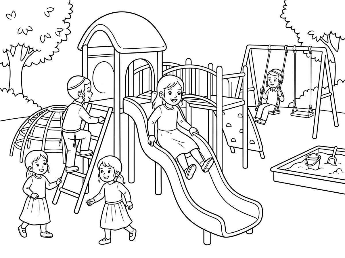 ילדה חרדית בלי מטפחת משחקת בגינת שעשועים עם כמה אחים חרדים