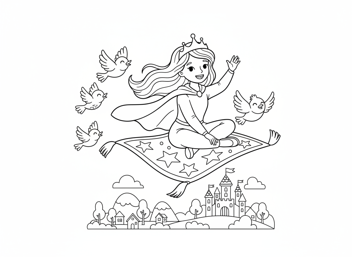 נסיכה רוכבת על שטיח מעופף - נסיכה יושבת בחיבוק ברכיים על שטיח מעופף קסום מעל ממלכת אגדות, שטיח עם דוגמאות כוכבים, רוח מנופפת שיער וגלימה, ציפורים עפות לצד, טירה למטה