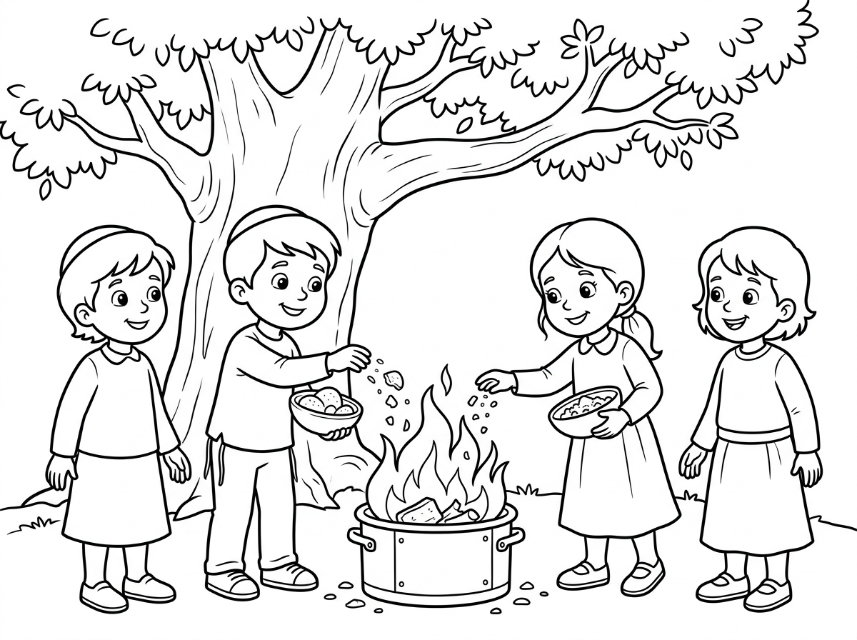 "תצייר לי ילדים הולכים לשרוף חמץ ויש עץ גדול לידם והם זורקים את החמץ לתוך השריפה."