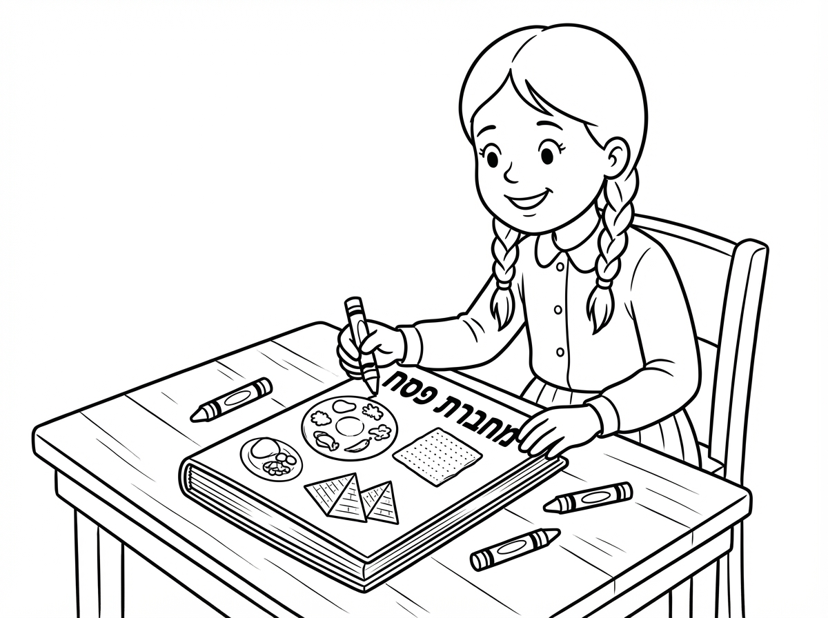 תיצור לי תמונה של ילדה חרדית בת שבע עם תלבושת ושתי צמות יושבת ומציירת שער למחברת פסח