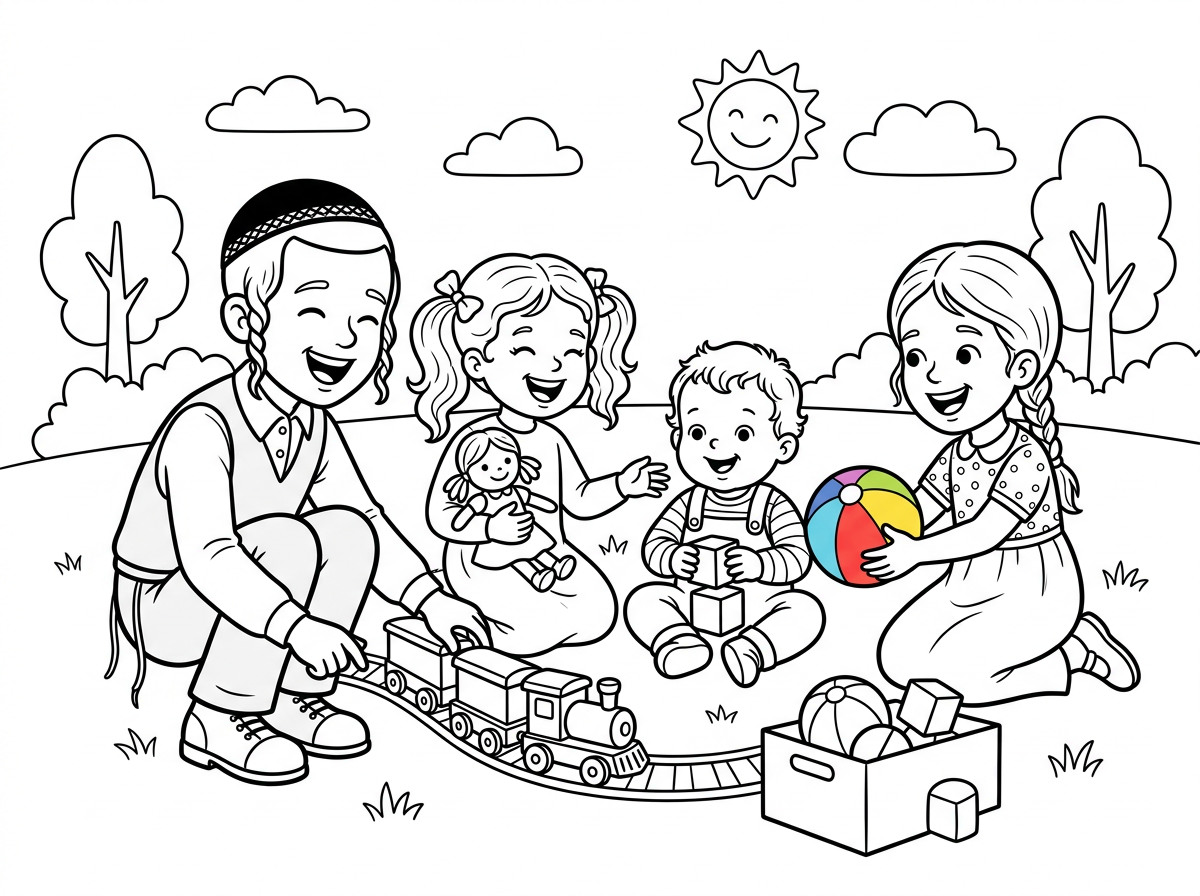 ציור עם 4 ילדים הגדול בן חרדי עם כיפה 2 בנות ותינוק בן משחקים ושמחים