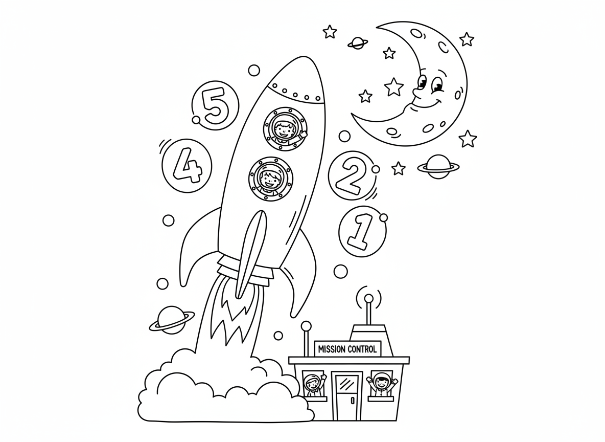 חללית ממריאה לירח - חללית צבעונית ממריאה עם להבות ענקיות, ילדים אסטרונאוטים מנופפים מחלונות, מספרי ספירה לאחור באוויר, ירח עם פרצוף מחייך ממתין, כוכבים וכוכבי לכת, מרכז בקרה למטה