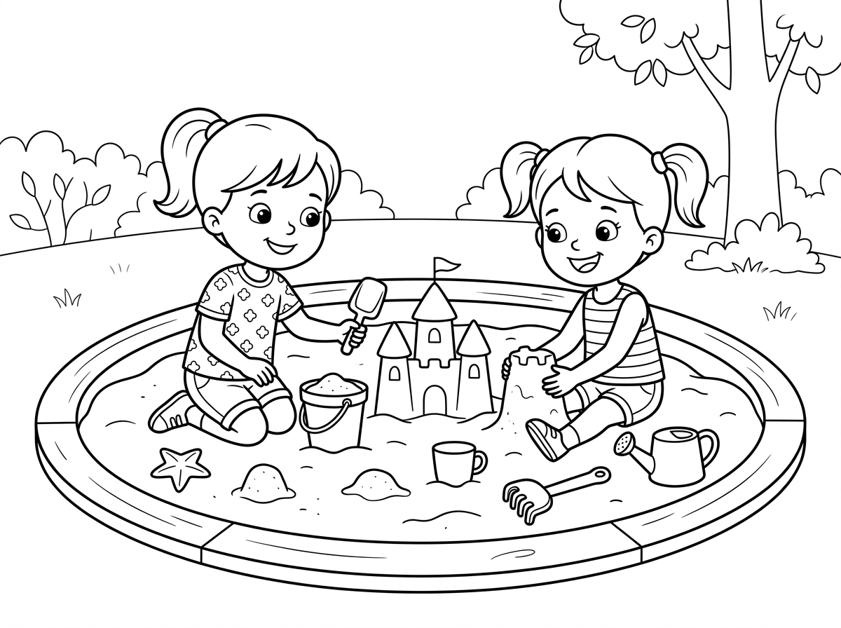 תוכל ליצור לי דף צביעה של שתי ילדות משחקות בארגז החול?
