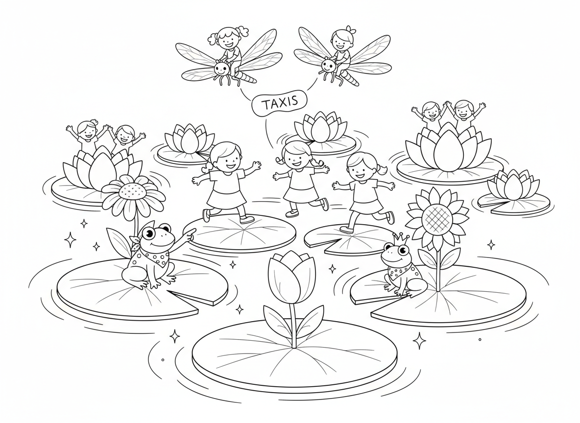 הרפתקת בריכת עלי שושנה ענקיים - ילדים קופצים על עלי שושנה ענקיים בבריכה קסומה, כל עלה עם פרחים שונים, צפרדעים כמדריכים, שפיריות כמוניות, פרחי לוטוס כאיים, מים נוצצים