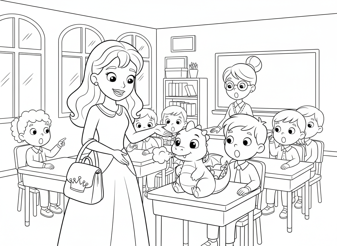 נסיכה עם דרקון חיית מחמד בבית הספר - נסיכה במצגת הצג-וספר בבית הספר מציגה את הדרקון התינוק שלה, דרקון משהק להבות זעירות, ילדים אחרים נדהמים, מורה מופתעת, דרקון יושב על שולחן מכשכש בזנב