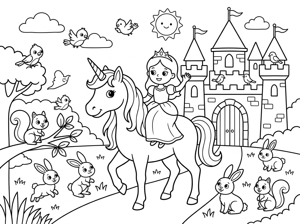 ארמון עם נסיכה צנועה שרוכבת על חד קרן עם הרבה חיות חמודות מסביב לארמון