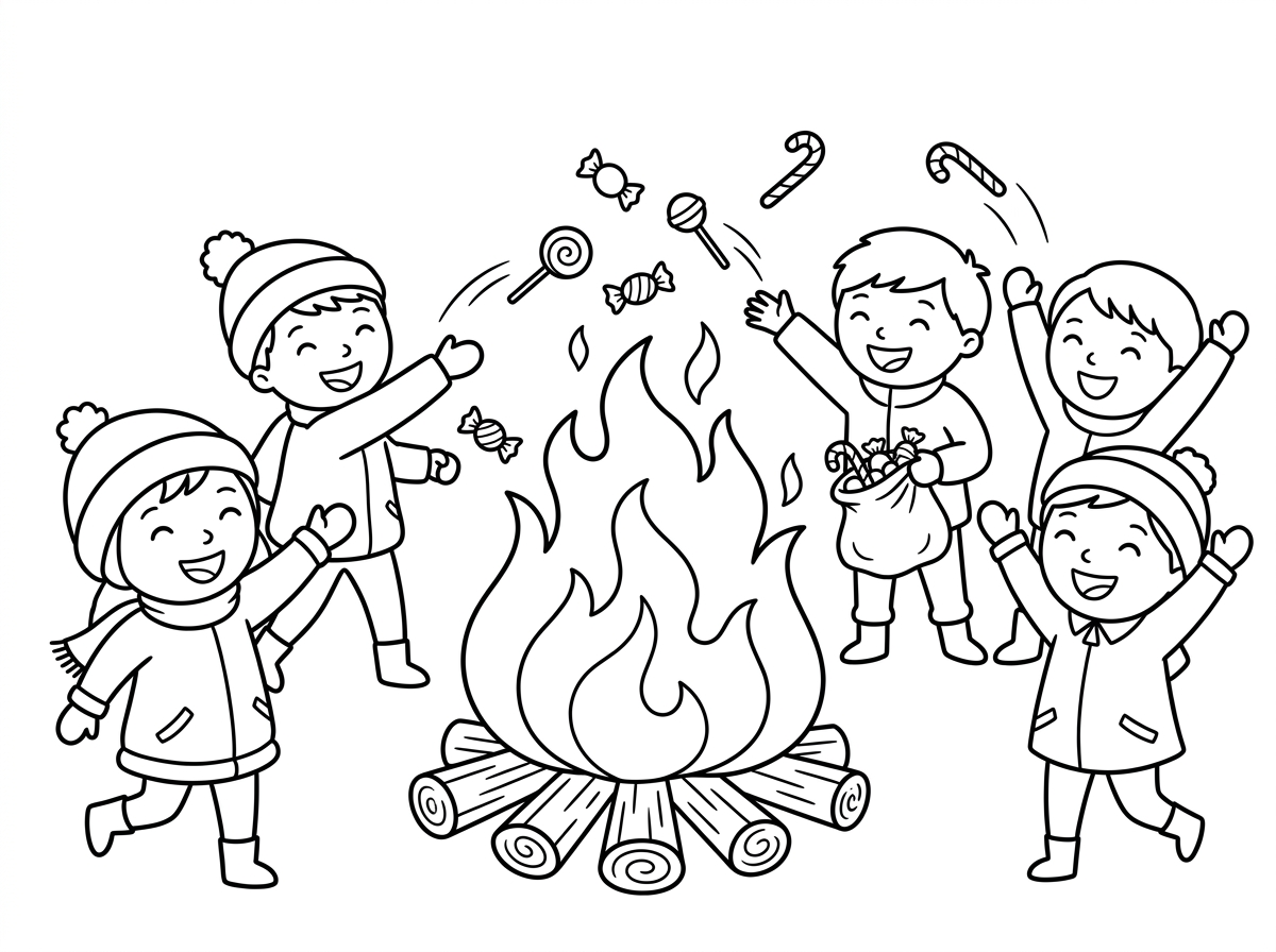 אני רוצה ציור של ילדים זורקים ממתקים לתוך מדורה