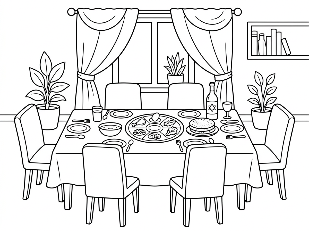 צור דף צביעה של שולחן ליל הסדר עם יין ומצות עגולות וחסה, קערה ליל הסדר כיסאות סביב השולחן באמצע סלון עם וילונות מלכותי יפים