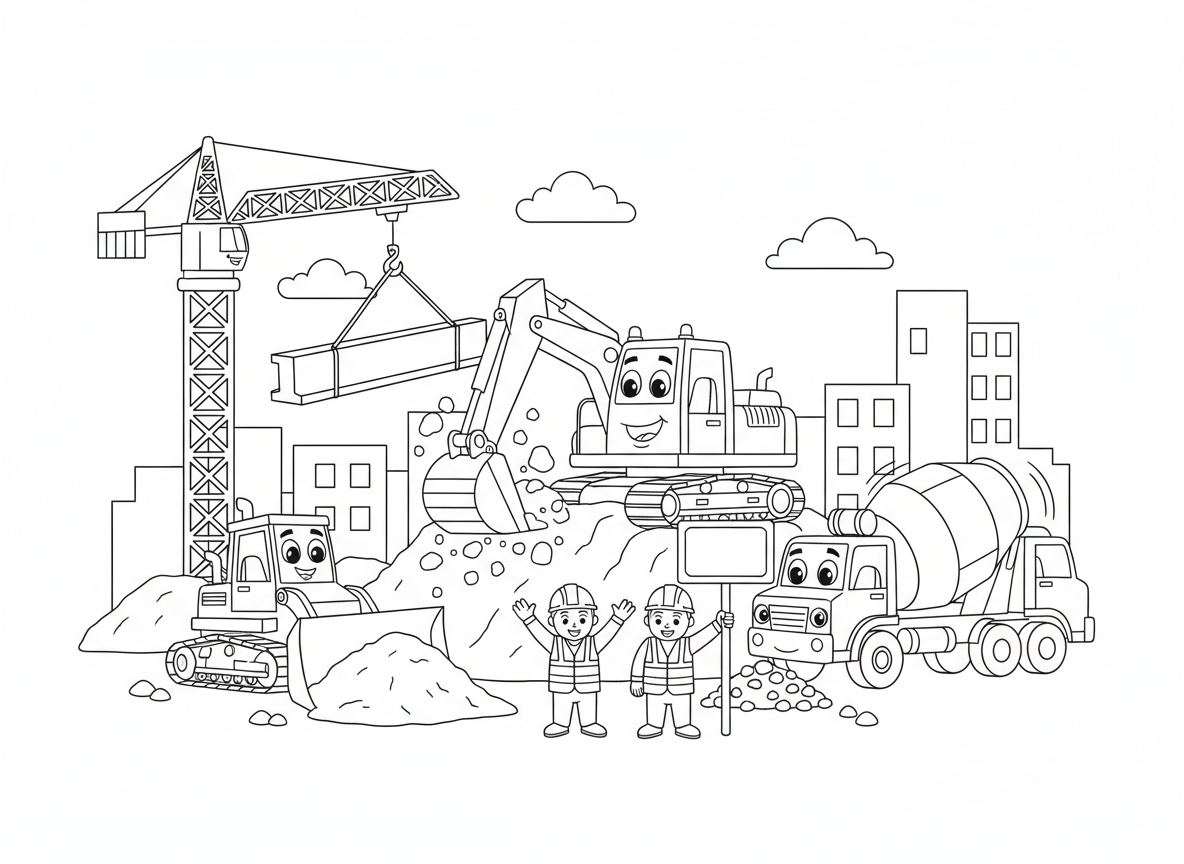 אתר בנייה עם כל כלי הרכב - אתר בנייה עמוס עם כל סוגי כלי רכב לבנייה, חפרן חופר, מנוף מרים קורות, דחפור דוחף עפר, מערבל בטון מסתובב, משאית מתרוקנת, פועלים עם קסדות מכוונים