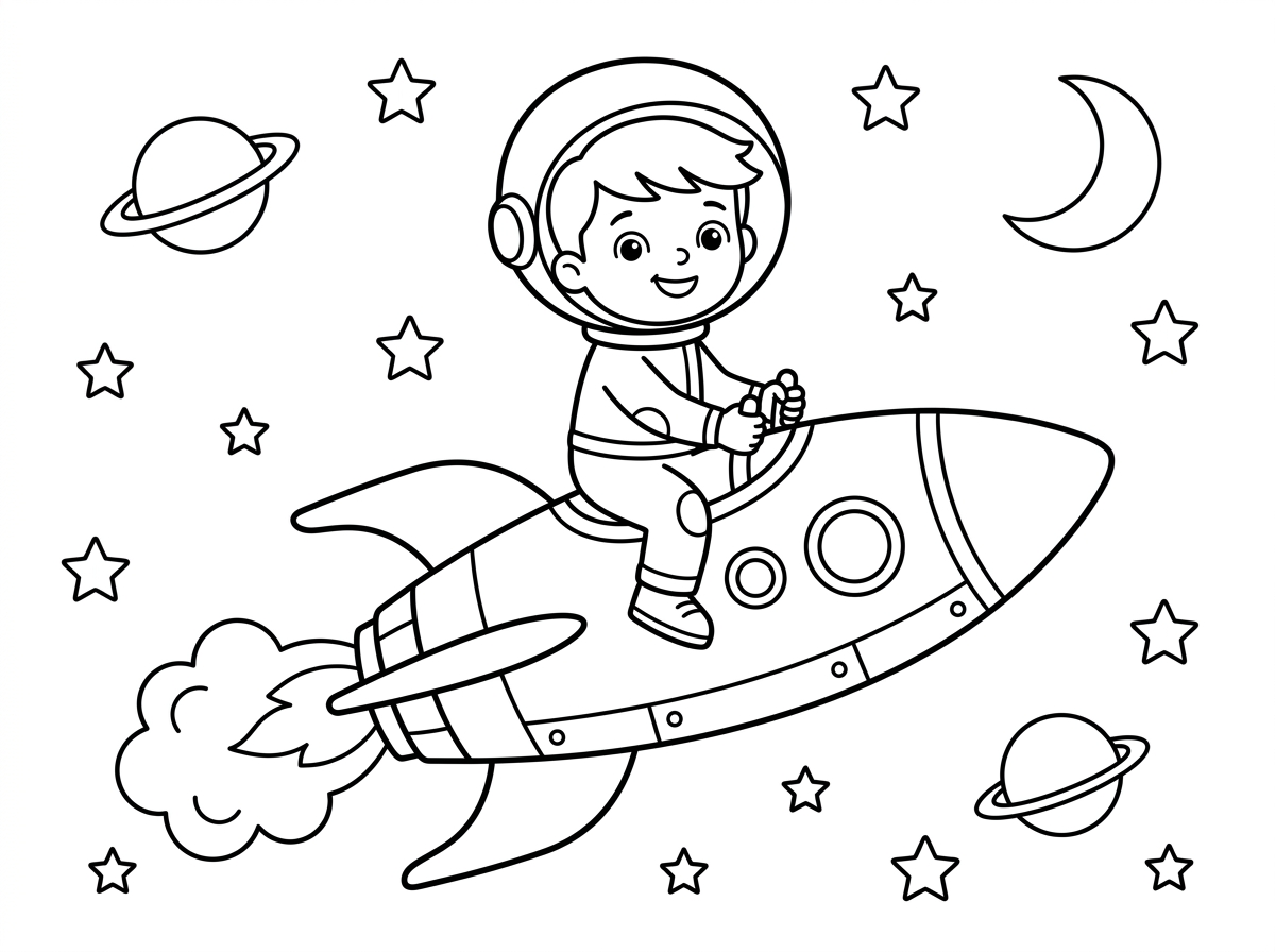 הכן דף צביעה עם ילד רוכב על טיל