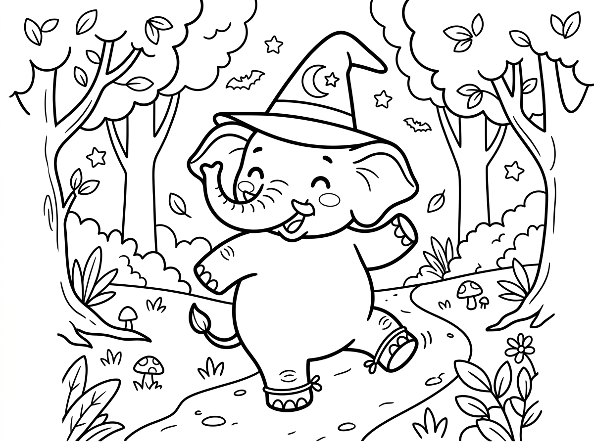 פיל חמוד בסגנון קריקטורה עם כובע מכשפה רוקד ביער קווים פשוטים לילדים קטנים