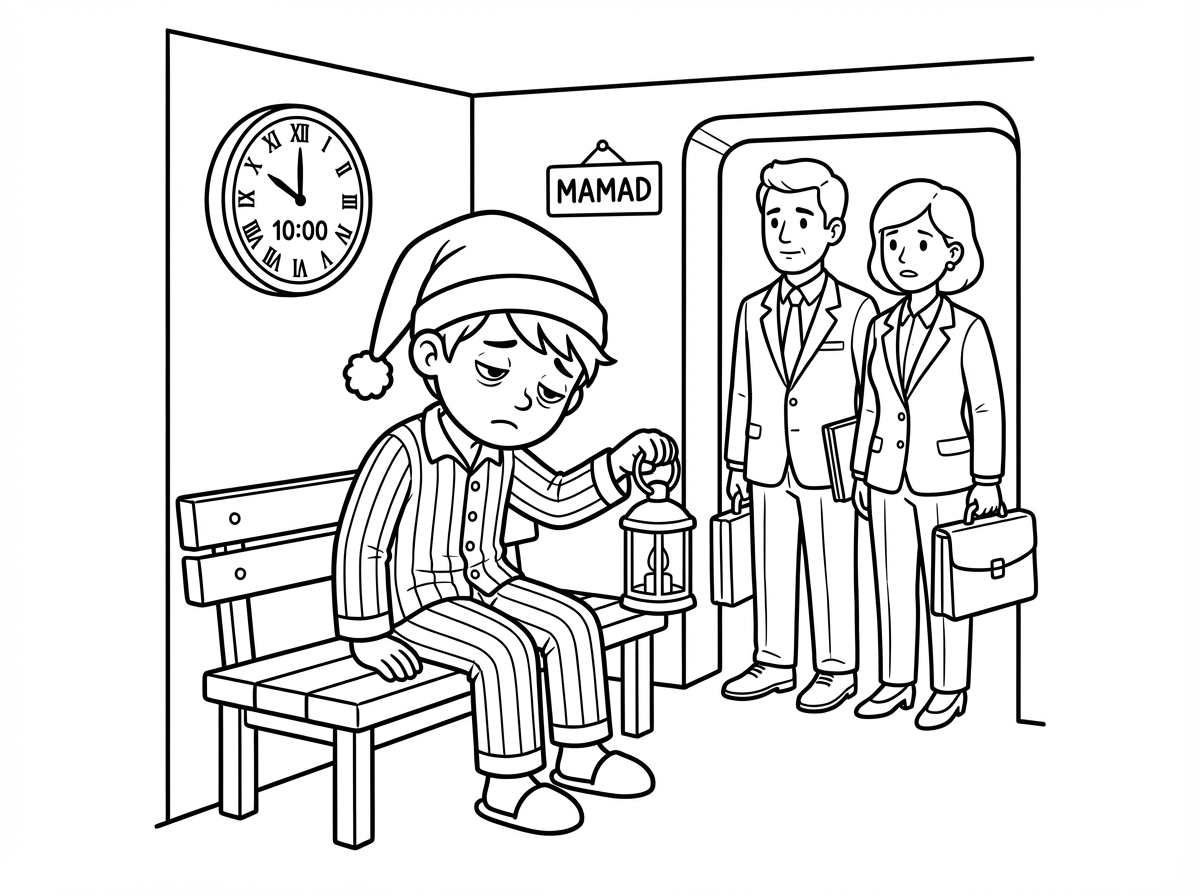 תייצר לי דף ציור של ילד עם פיג'מה וכובע עם פונפון כמו של הגמדים עם עשישית ביד נראה עייף מאוד ליד אנשים עם חליפות ותיק עבודה בממ''ד בשעה 10:00