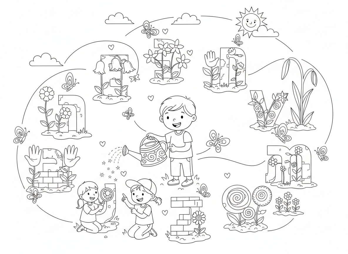 גן אותיות פרחים - גינה שכל ערוגה בצורת אות בעברית, פרחים שונים לכל אות, פרפרים מחברים בין האותיות, משפך מזלף קסם, ילדים לומדים אותיות מהפרחים