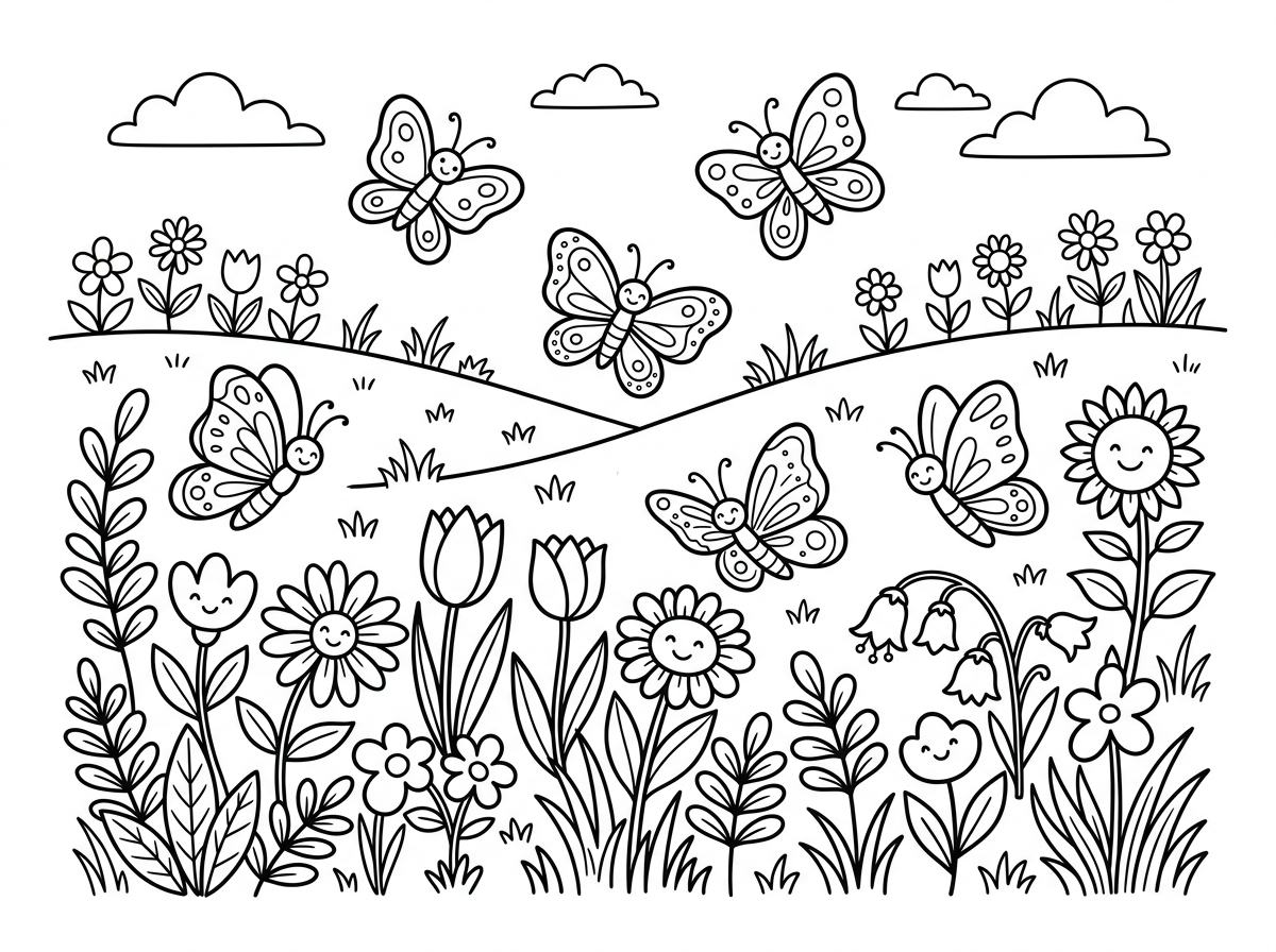 האם תוכל ליצור דף צביעה של דשא עם הרבה פרפרים פרחים ועלים