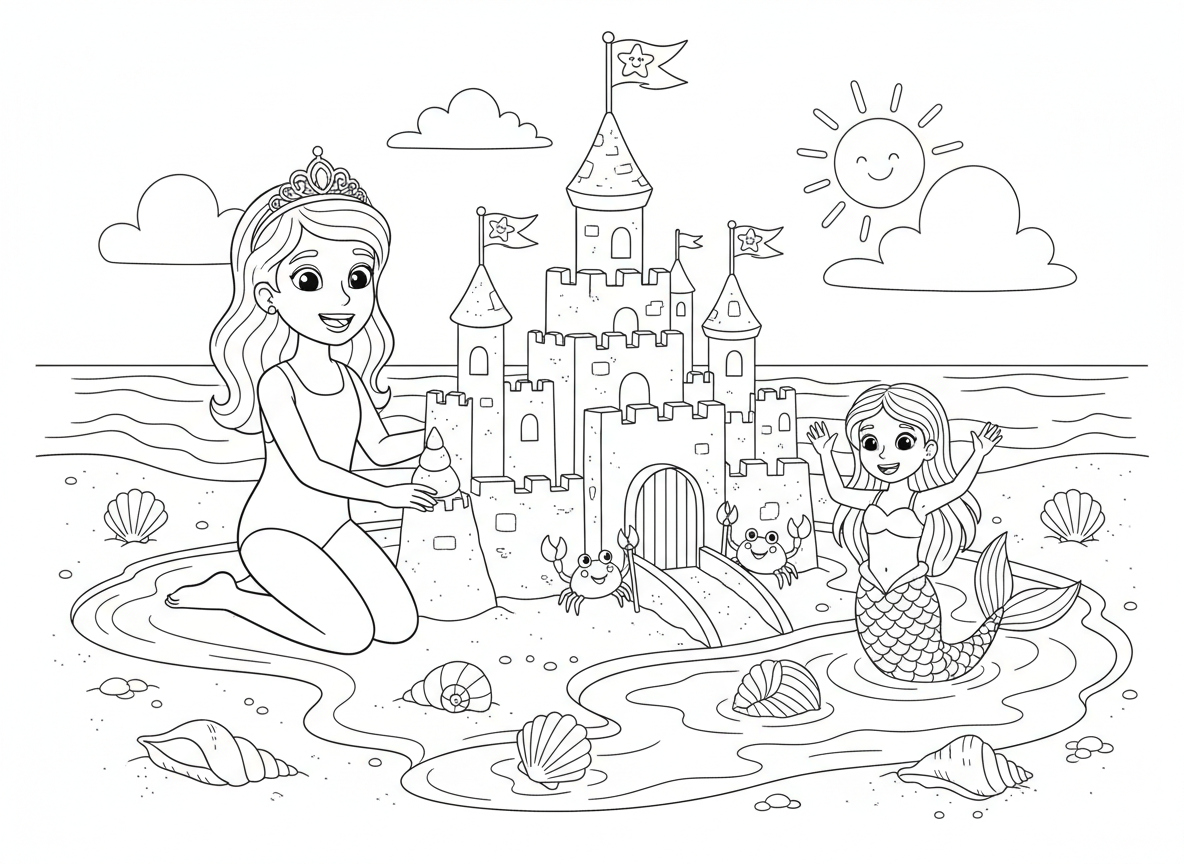 נסיכה בונה ממלכת ארמון חול בחוף - נסיכה בבגד ים ונזר בונה ממלכת ארמון חול מפורטת בחוף, חפיר עם מים אמיתיים, קישוטי צדפות, סרטני משמר, דגלי כוכב ים, חברה בת ים מבקרת