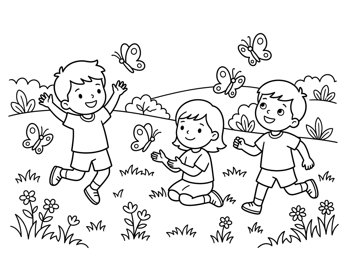 הכן לי דף צביעה של ילדים משחקים בדשא עם פרפרים