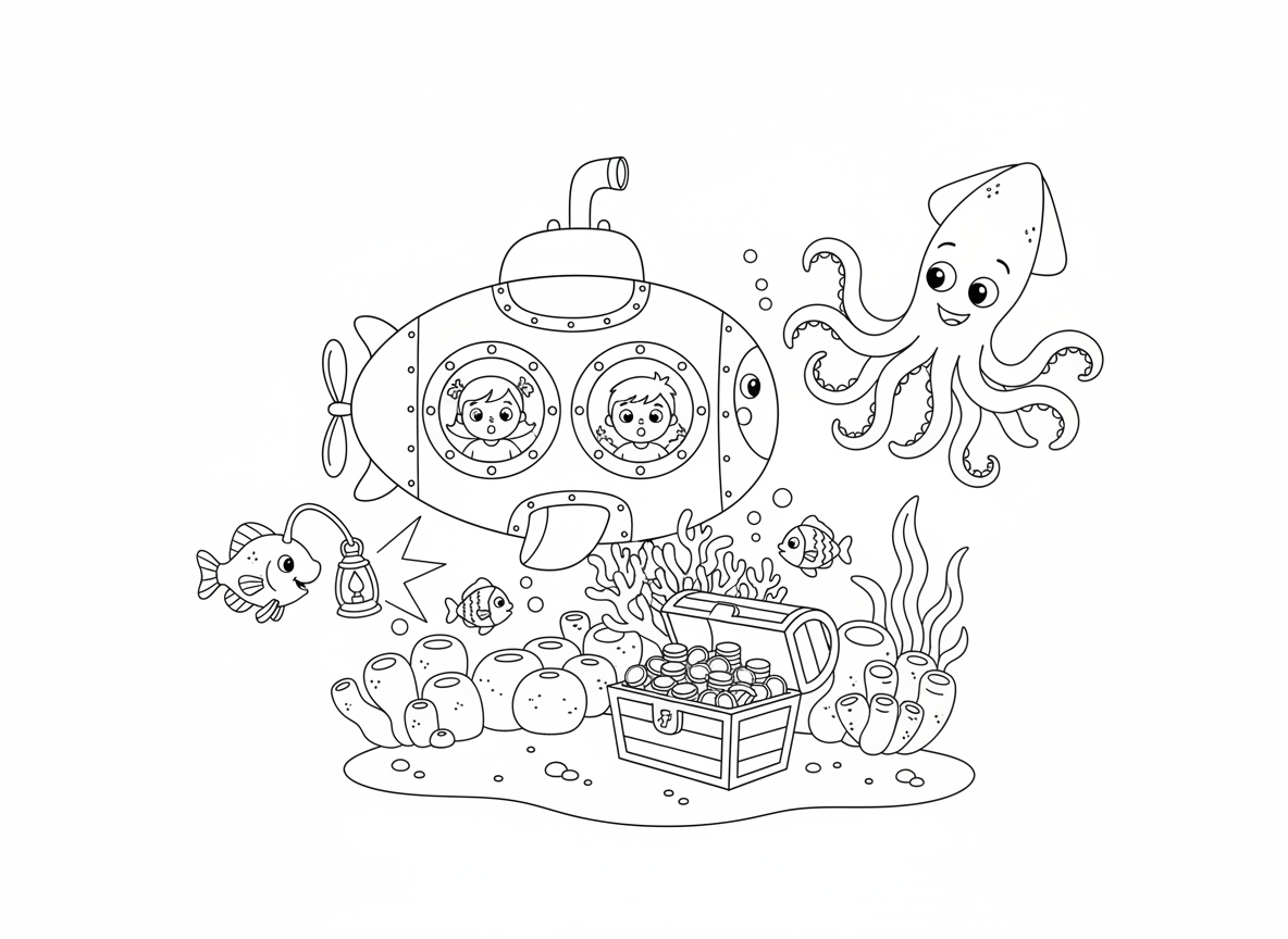 צוללת חוקרת את עומק האוקיינוס - צוללת צהובה חמודה עם חלונות צוהר גדולים חוקרת את עומק האוקיינוס, ילדים בפנים נראים נדהמים, דיונון ענק שוחה ליד, תיבת אוצר על קרקעית הים, שונית אלמוגים צבעונית